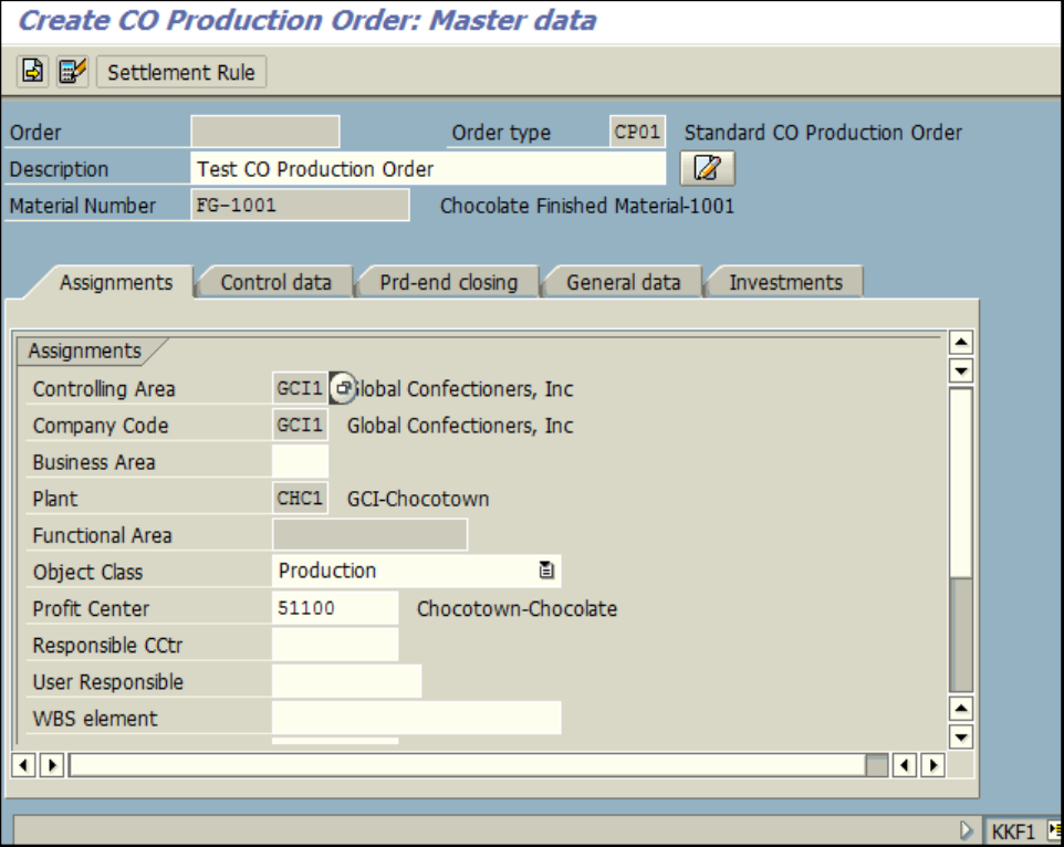 Figure 1.2 KKF1 – Create CO Production Order: Master data screen, Order text and Profit Center are entered.