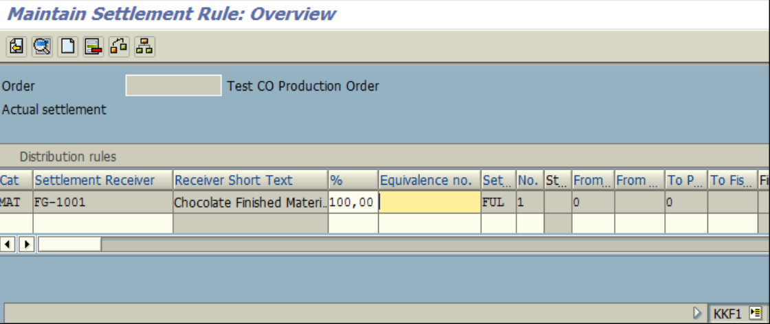 Figure 1.3 KKF1 – Create CO Production Order: Settlement Rule screen – Settlement to Material is defaulted.