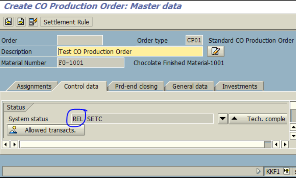 Figure 1.4 KKF1 – Create CO Production Order: Control data screen – Order is released automatically, based on setup in KOT2 for Order Type CP01.