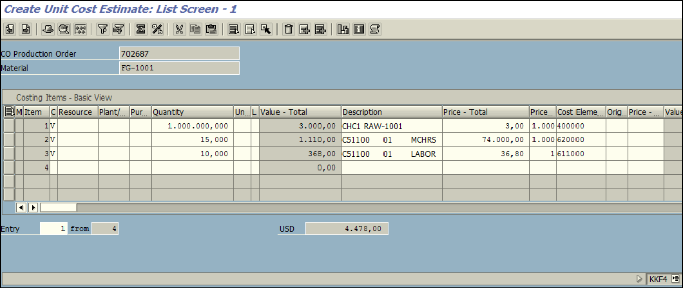 Figure 2.3 KKF4 – Order Planning screen, Unit cost estimate details are entered for the given order 702687 (CK13N data was replicated).