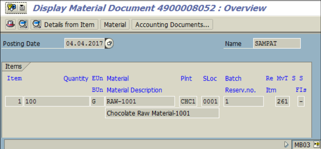 Figure 3.4 MB03 – Material Document for Goods Issue is displayed