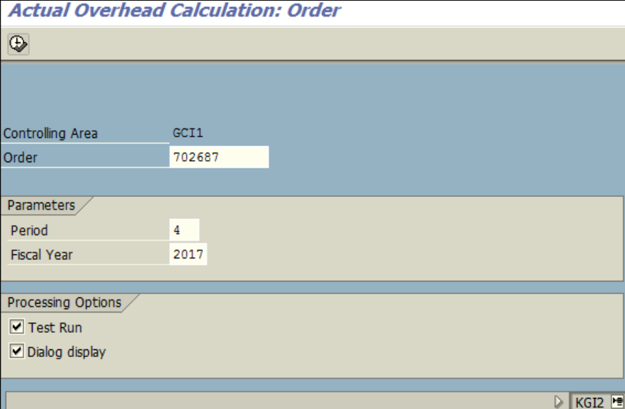 Figure 5.1 KGI2 – Overhead calculation: Order number, year and period are entered