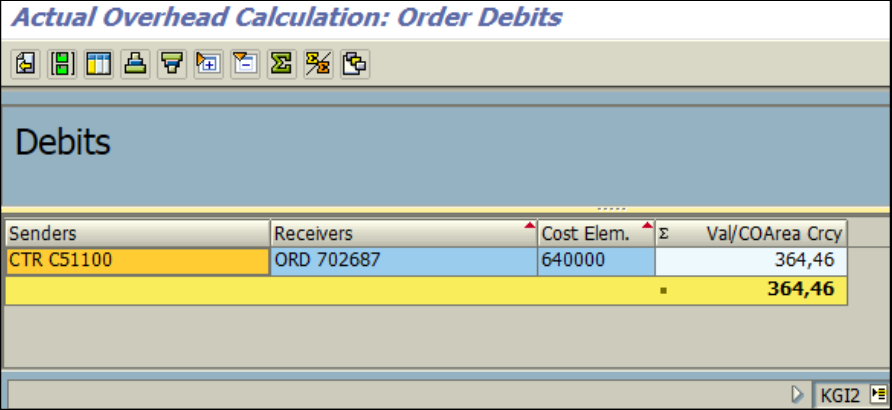 Figure 5.3 KGI2 – Overhead calculation: overhead is applied on the order, cost center is credited