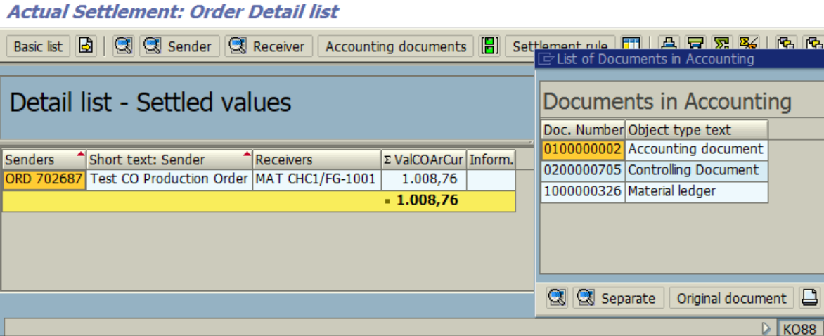 Figure 8.2 KO88 – Settlement for order, with accounting documents displayed.